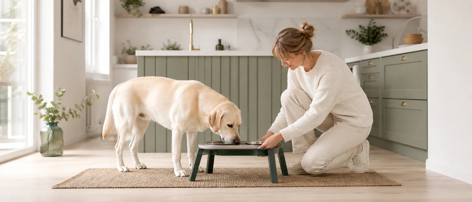 Labrador eating from an adjustable raised double-bowl stand while owner adjusts height in a Scandinavian kitchen - Petifo
