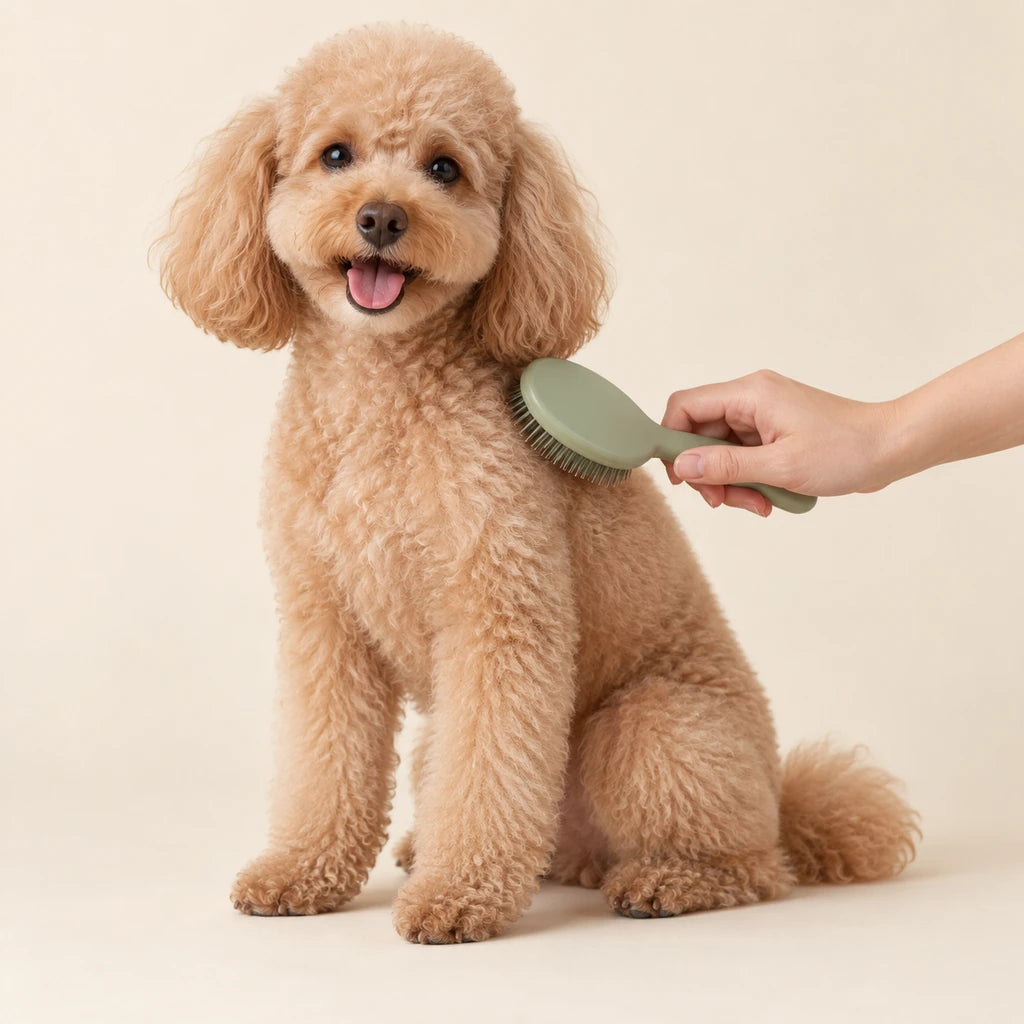 Apricot poodle being gently brushed against a clean cream background - Petifo