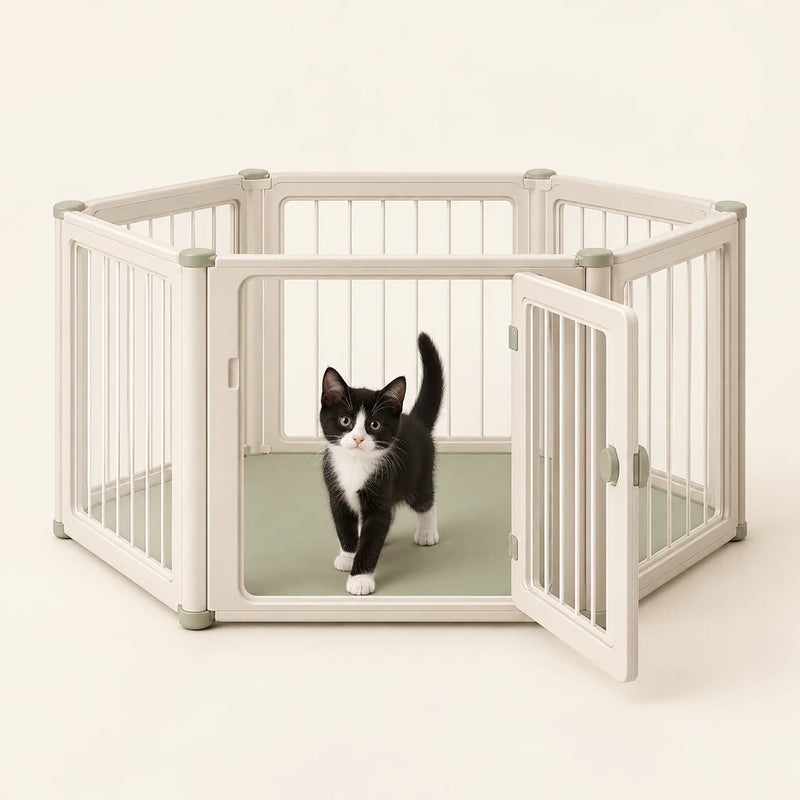 Tuxedo kitten in a cream pet playpen with an open door – Petifo