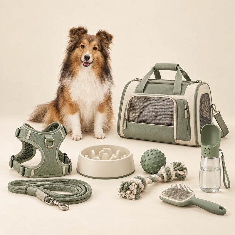 Shetland sheepdog with a harness, lead, bowl, toys, brush, water bottle and carrier on a clean cream background - Petifo