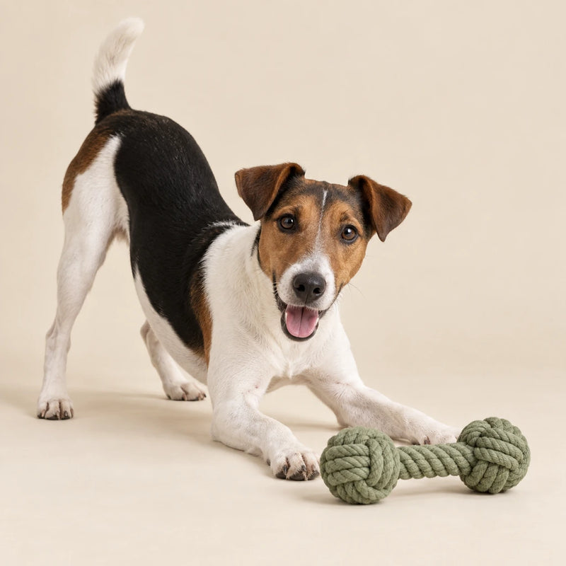 Tricolour fox terrier playing beside a rope toy on a clean cream background - Petifo