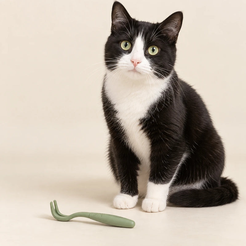Black-and-white tuxedo cat beside a sage tick-removal tool