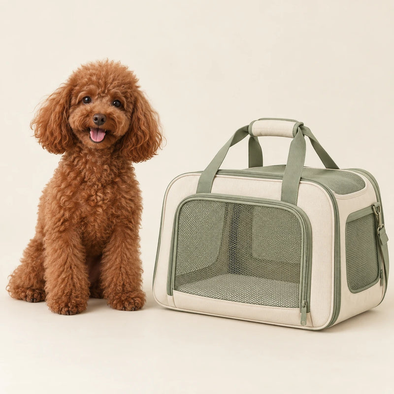 Red miniature poodle beside a pet carrier on a clean cream background - Petifo