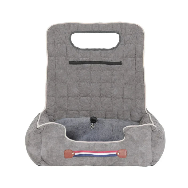 Front view of the grey, quilted Petifo pet car seat featuring a built-in safety leash and convenient storage pocket.