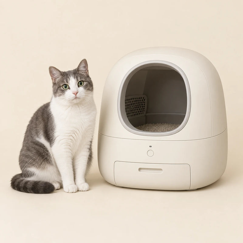 Grey and white cat beside an automatic litter box on a clean cream background - Petifo