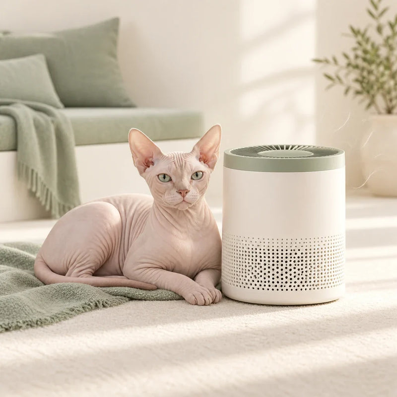 Sphynx cat resting beside a pet air purifier