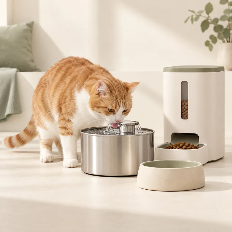 Orange and white tabby drinking from a pet fountain beside cat feeders