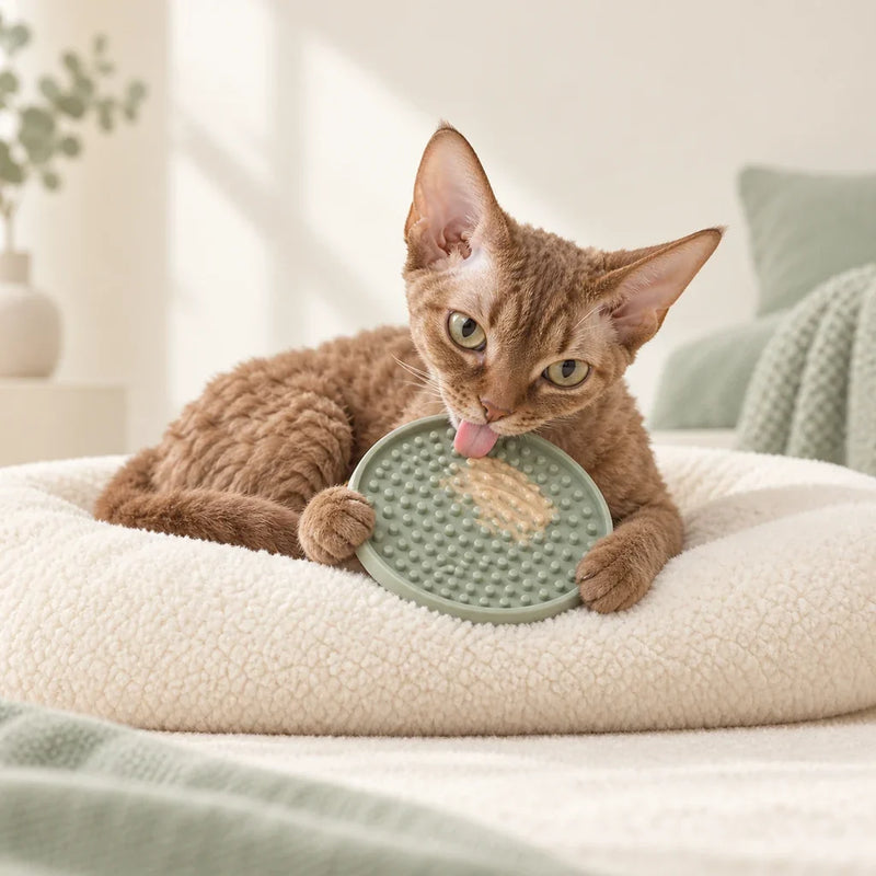 Devon Rex cat using a calming lick mat in a plush bed