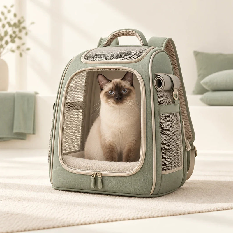 Siamese cat in a sage cat carrier backpack