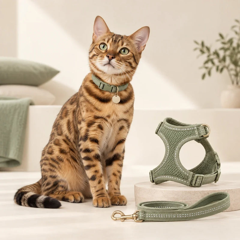 Bengal cat with collar, harness and lead