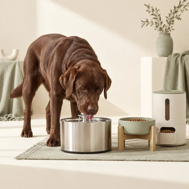Chocolate Labrador drinking from a pet fountain beside dog feeders