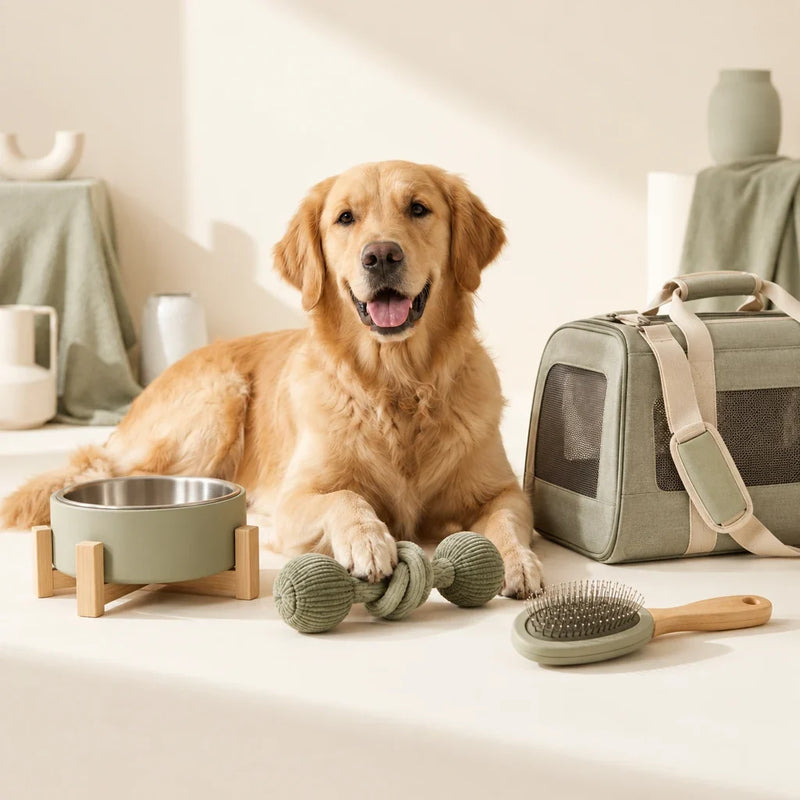 Golden retriever with new dog accessories in a warm Petifo studio