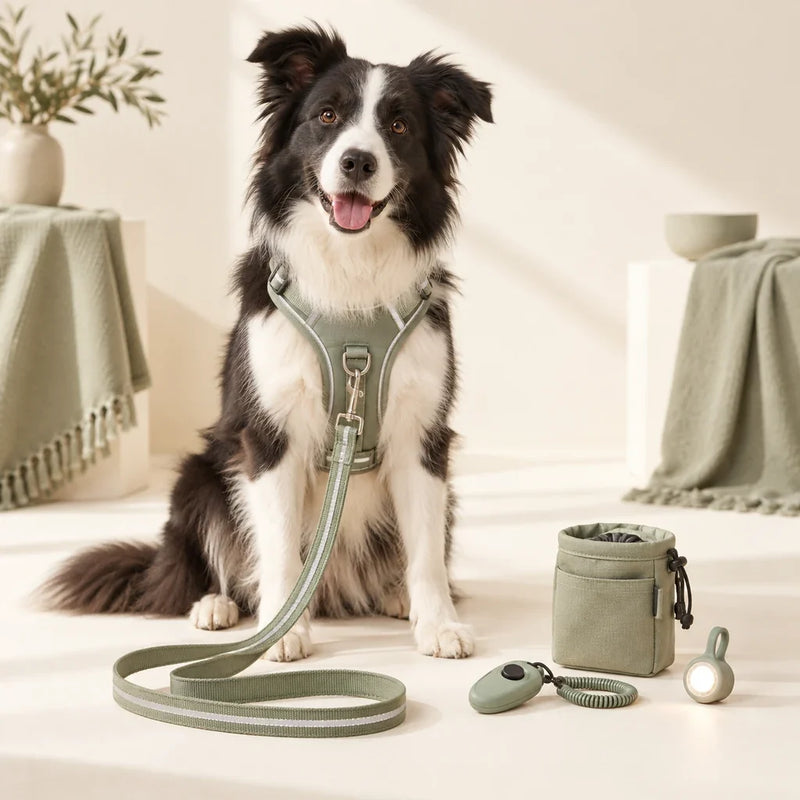 Border collie wearing a reflective harness beside dog training and safety gear