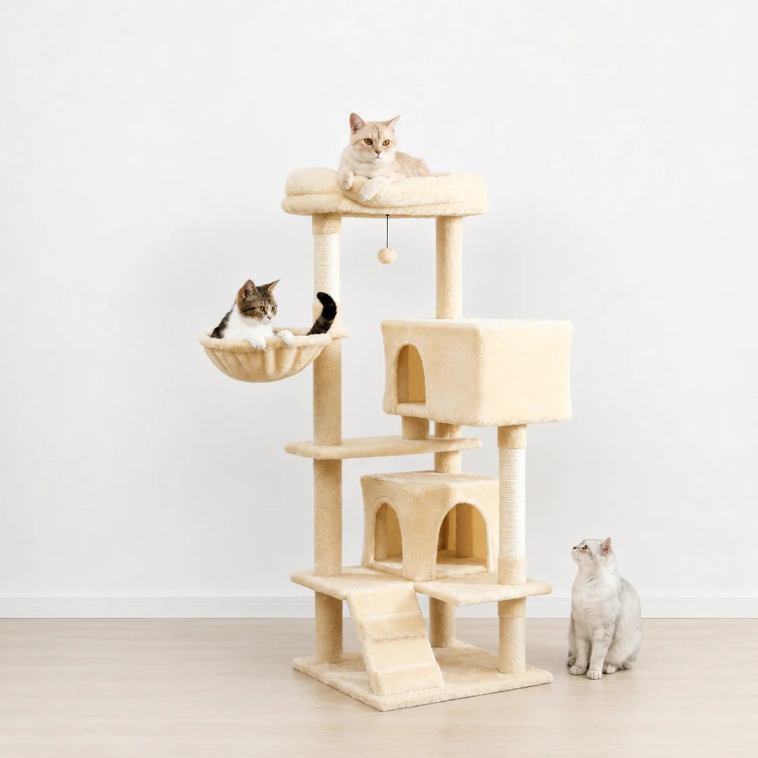 Three cats relaxing on a 154 cm tall Beige multi-level cat tree with an integrated ramp, hideaways, and plush platforms.