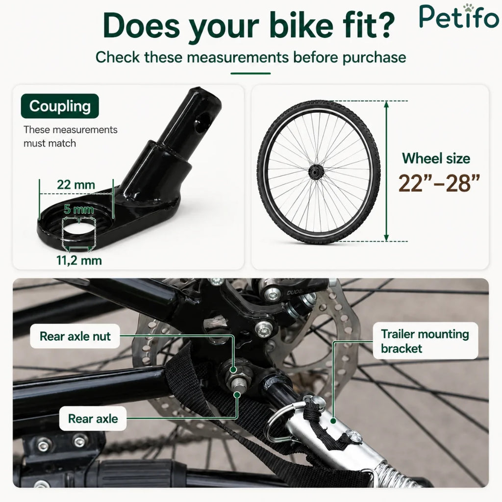 Universal bike hitch measurements and rear axle mounting guide ensuring compatibility with 22 to 28-inch wheels.