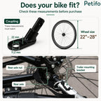 Universal bike hitch measurements and rear axle mounting guide ensuring compatibility with 22 to 28-inch wheels.