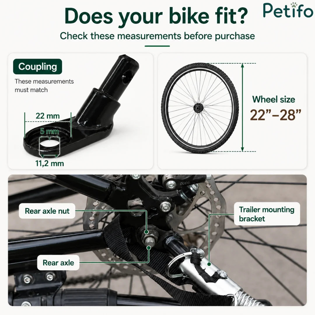 Universal bike hitch measurements and rear axle mounting guide ensuring compatibility with 22 to 28-inch wheels.