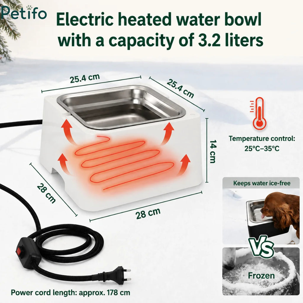 Dimensional diagram of a 3.2-liter electric heated pet water bowl showing size specifications, temperature control, and ice-free performance.