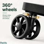 Close-up product view of black 360-degree rotating swivel wheels designed for smooth movement on all surfaces.