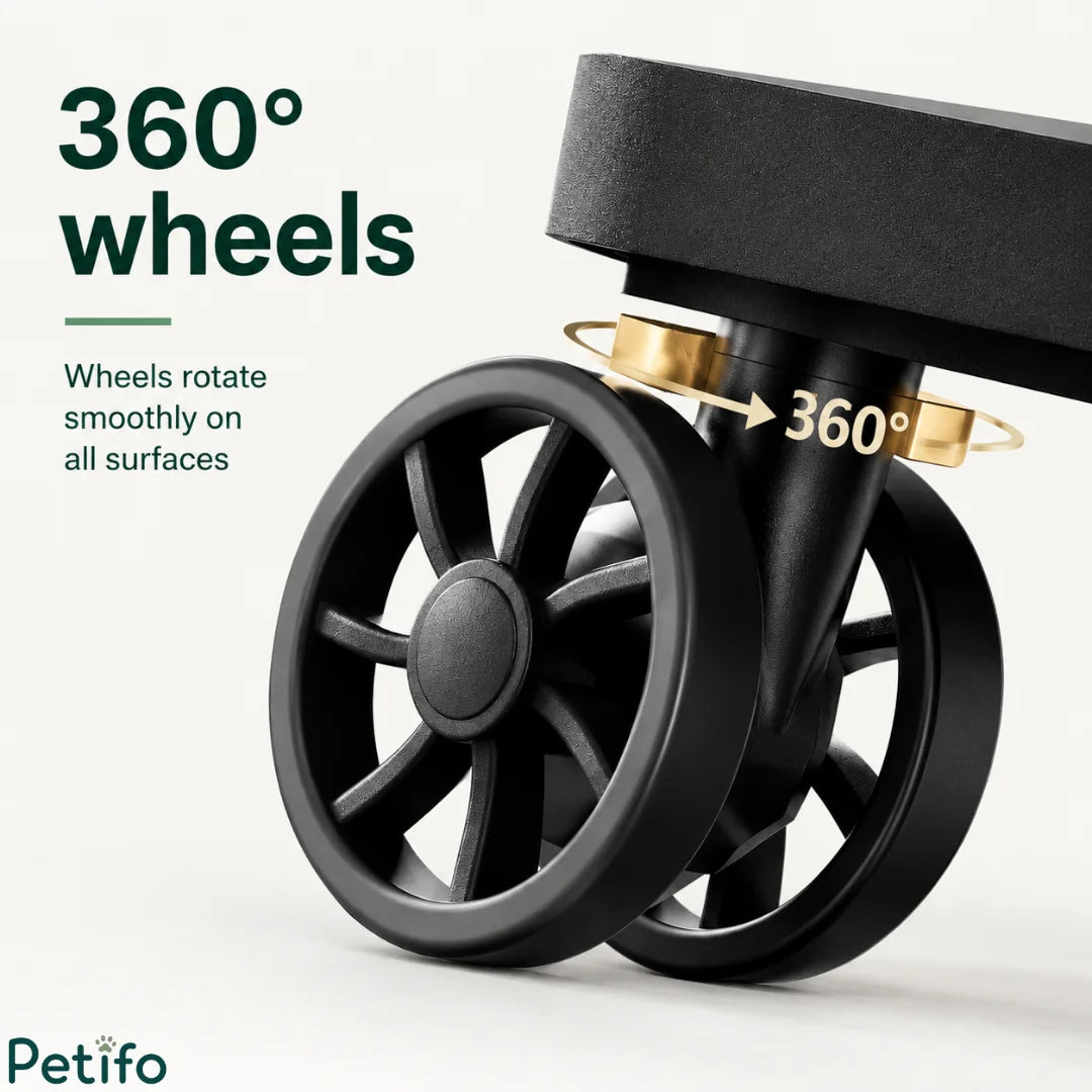 Close-up product view of black 360-degree rotating swivel wheels designed for smooth movement on all surfaces.