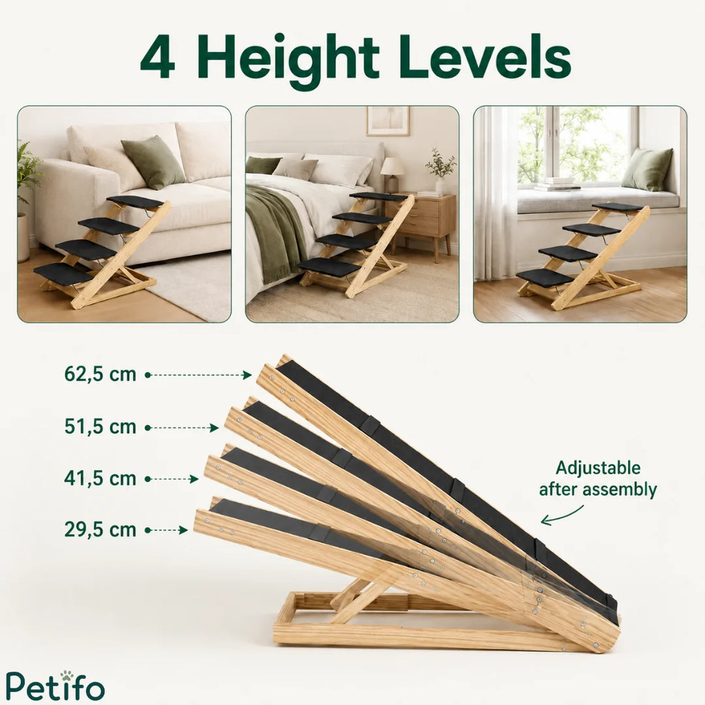 Adjustable wooden pet stairs demonstrating four distinct height levels ranging from 29.5 cm to 62.5 cm.