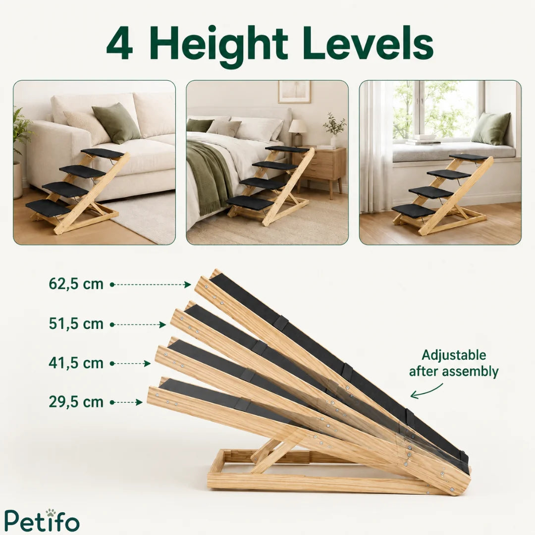 Adjustable wooden pet stairs demonstrating four distinct height levels ranging from 29.5 cm to 62.5 cm.