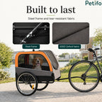 Close-up insets of the heavy-duty steel frame and durable 600D Oxford fabric highlighting the rugged build quality of the dog bike trailer.