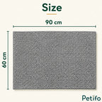 Size dimension guide displaying a 90 cm by 60 cm rectangular grey chenille mud-trapping dog door mat.