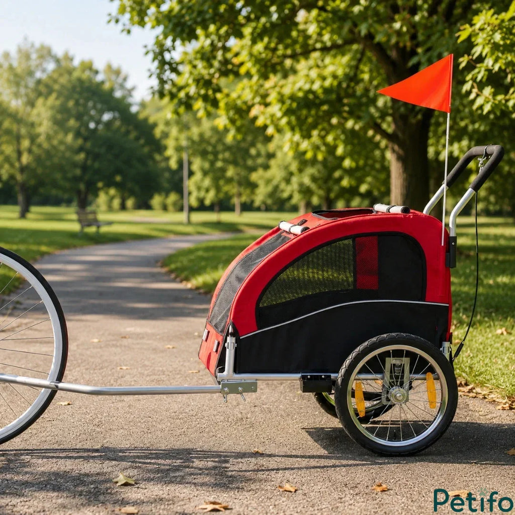 Side view of the Petifo red pet bike trailer attached to a bicycle wheel on a paved park pathway.