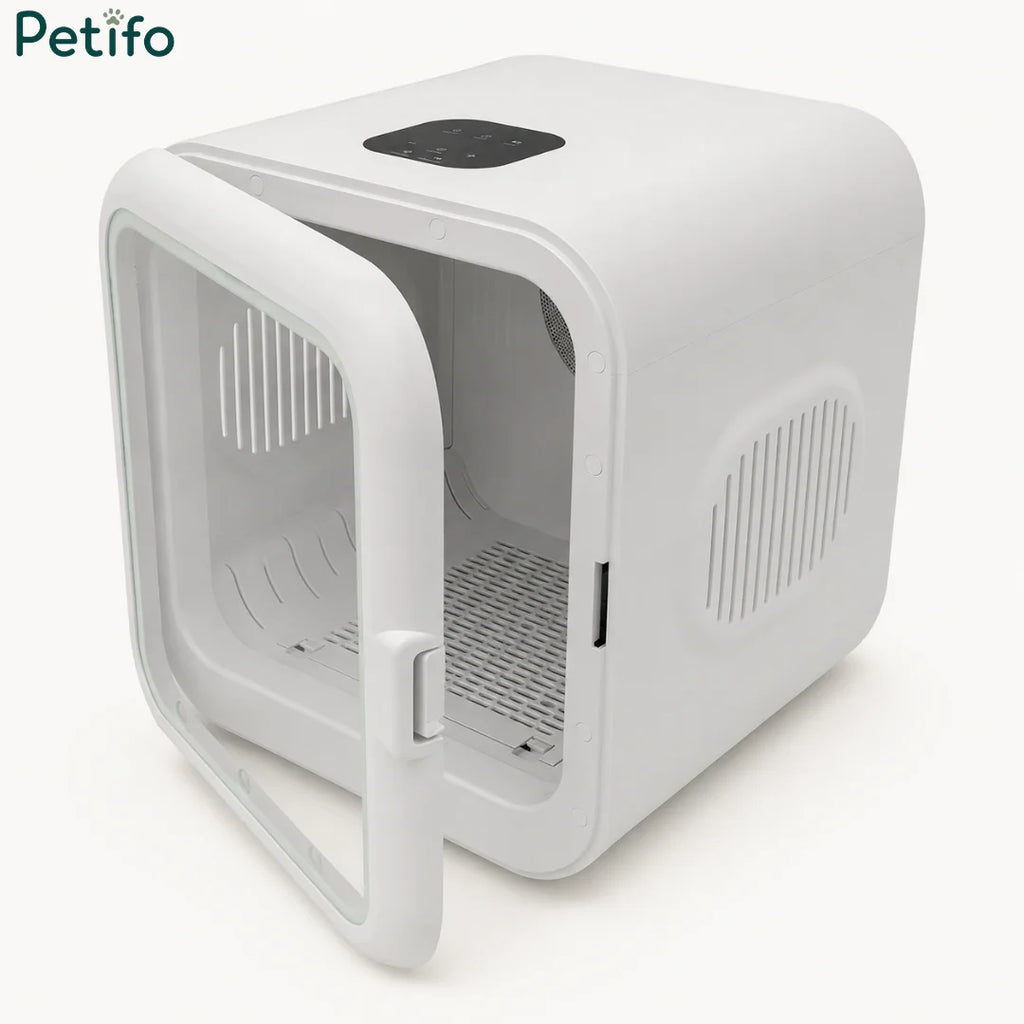 A automatic pet dryer demonstrating 360-degree airflow drying.