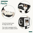 A feature collage of the Petifo cat tree showing close-up views of cats using the cozy hammock, the plush top bed, and the cat-ear-shaped entrance to the condo.