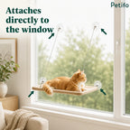A ginger cat resting on the window hammock, highlighted with directional arrows pointing to its secure window mount points.