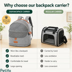 Comparison graphic showing the advantages of a hands-free breathable pet backpack carrier over a traditional handheld pet bag.