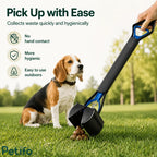Beagle sitting on grass while a person uses a long-handled pooper scooper for clean and hygienic waste collection.