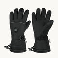 A pair of black Petifo heated winter gloves displayed from both the front and back angles, showing the power button, adjustable buckle, and zippered battery pocket.