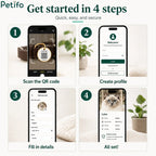 Four-step visual guide demonstrating how to scan the QR code, create an account, fill in pet details, and activate the profile.