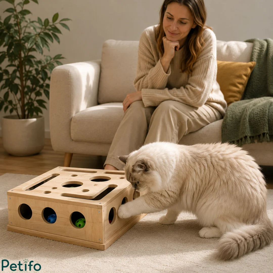 Indoor lifestyle view of a fluffy cat playing with a wooden interactive activity box while a woman relaxes on a sofa.