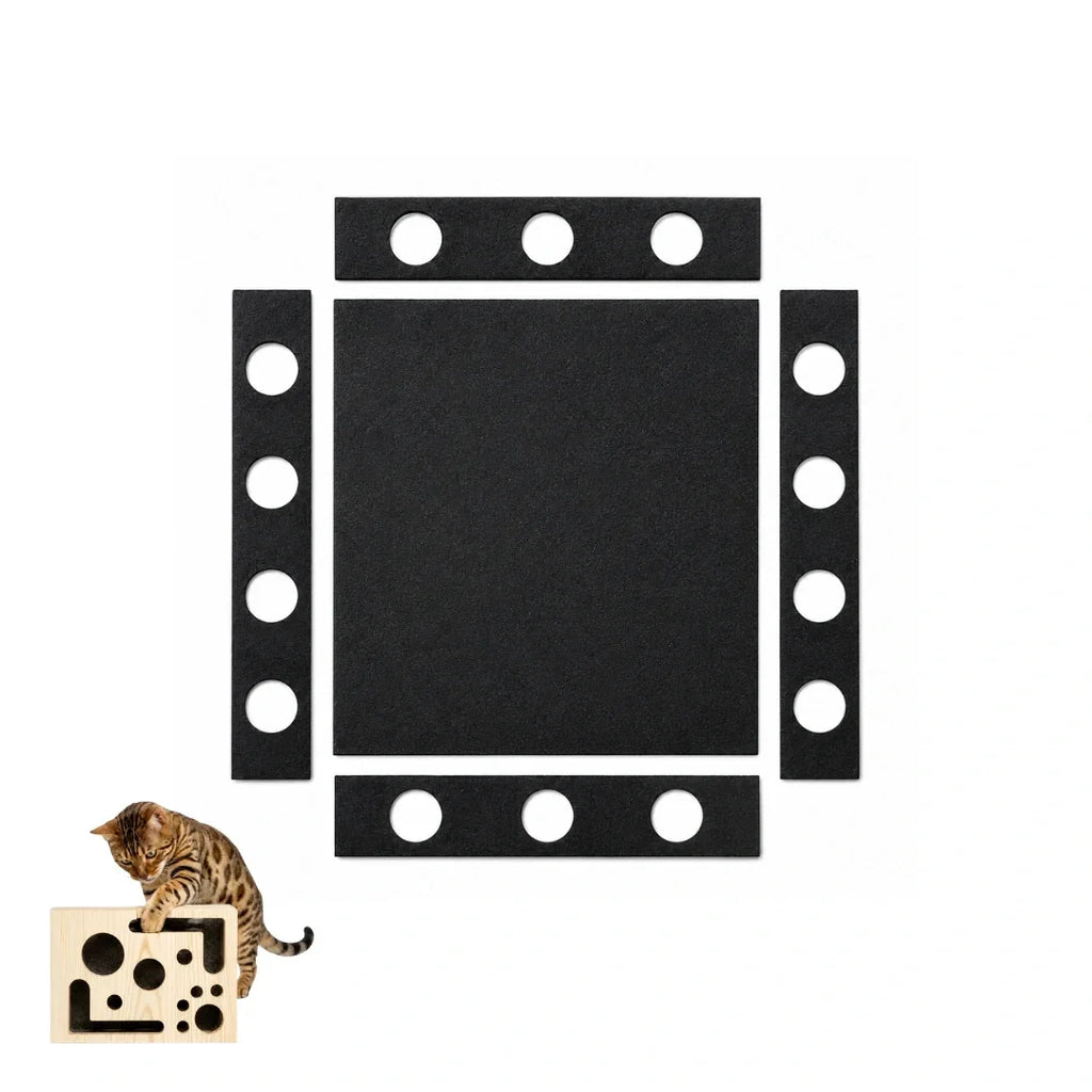 Set of black non-slip adhesive pads designed for cat puzzle toys displayed alongside a playing cat.