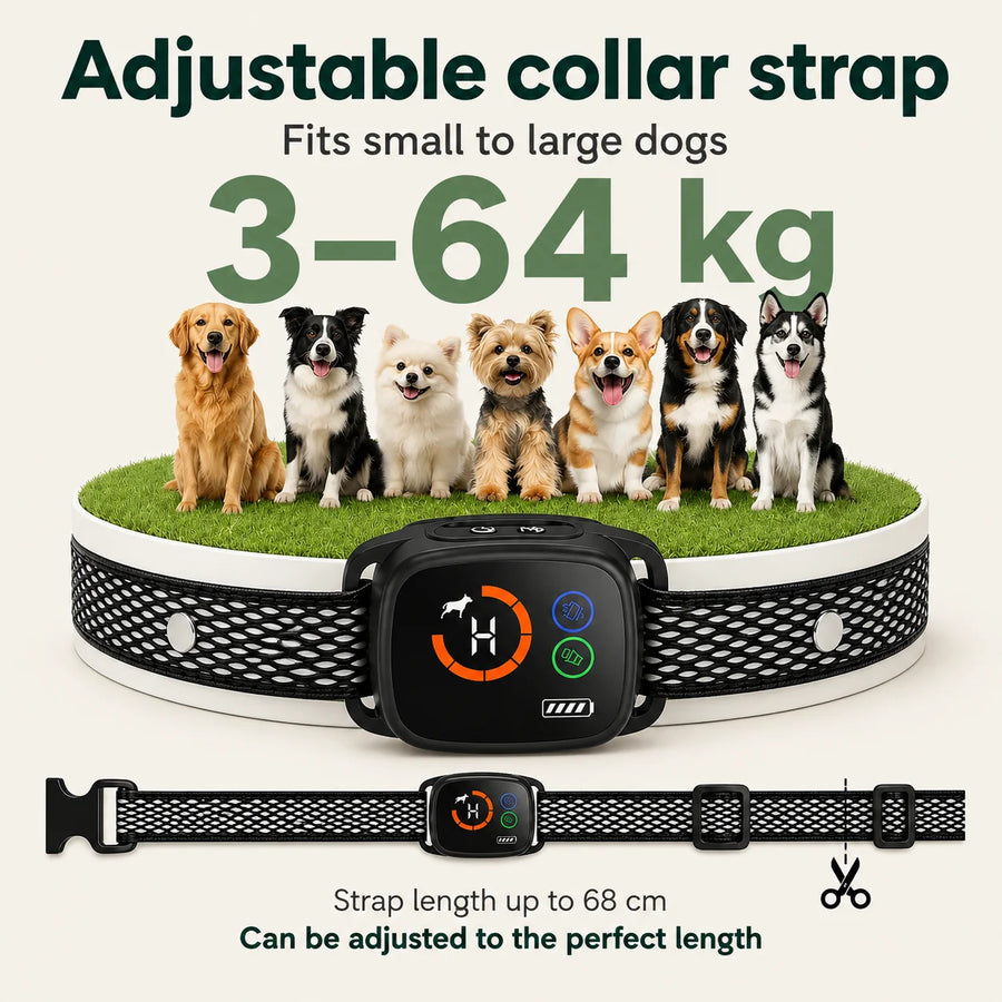 Justerbart ChewUp-gøhalsbånd egnet til små til store hunde fra 3 kg til 64 kg.