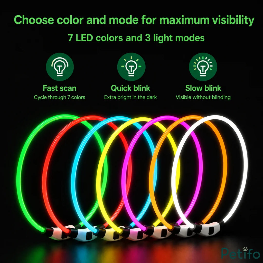 Multiple glowing dog collars showcasing 7 LED colors and 3 adjustable light modes for maximum night visibility.