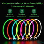 Multiple glowing dog collars showcasing 7 LED colors and 3 adjustable light modes for maximum night visibility.