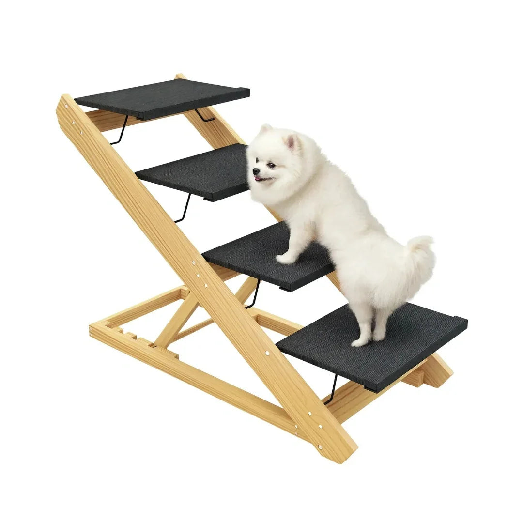 Small white fluffy dog climbing adjustable wooden pet stairs with black non-slip carpet steps.