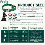Size chart and measuring guide for adjustable reflective dog collars with custom metal nameplates.