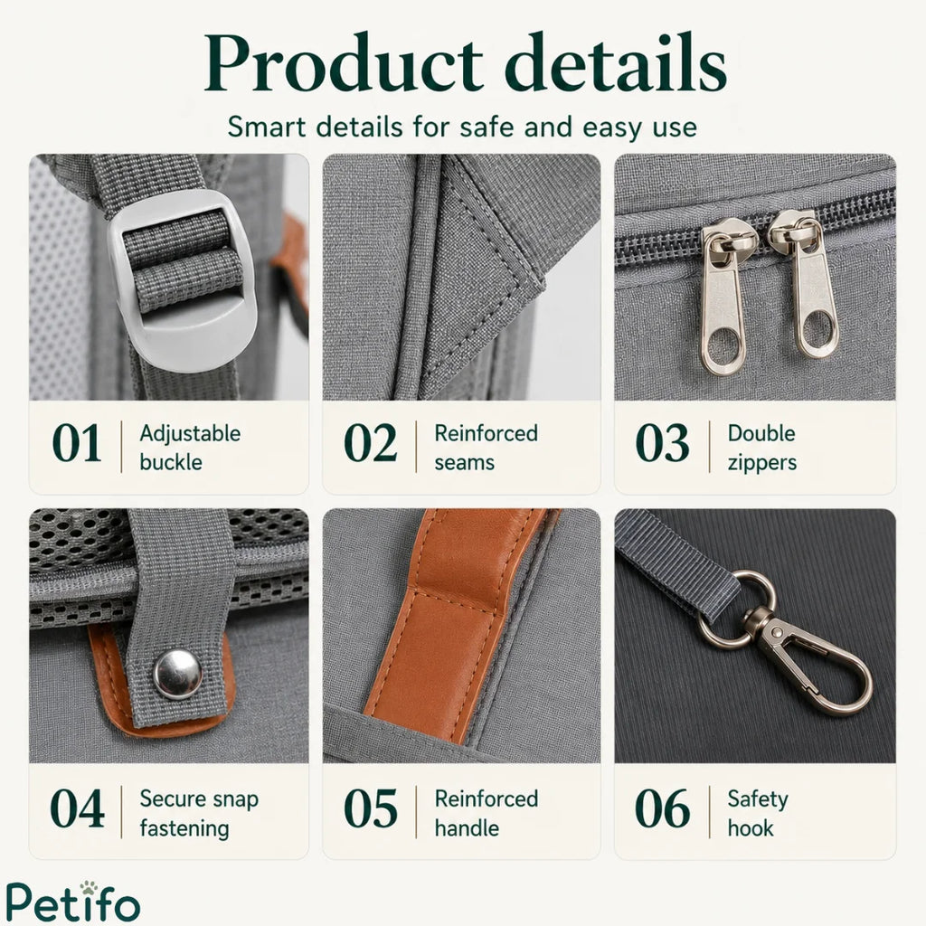 Close-up grid highlighting product details including adjustable buckles, reinforced seams, secure zippers, and safety hooks.
