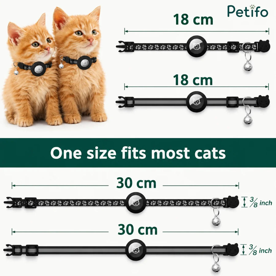 Størrelsesguide-infografik, der viser justerbare mål fra 18 cm til 30 cm og angiver, at én størrelse passer til de fleste katte.