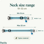 Infographic displaying the adjustable nylon neck size range from 19 to 32 centimeters and 1 centimeter width for the cat collar.