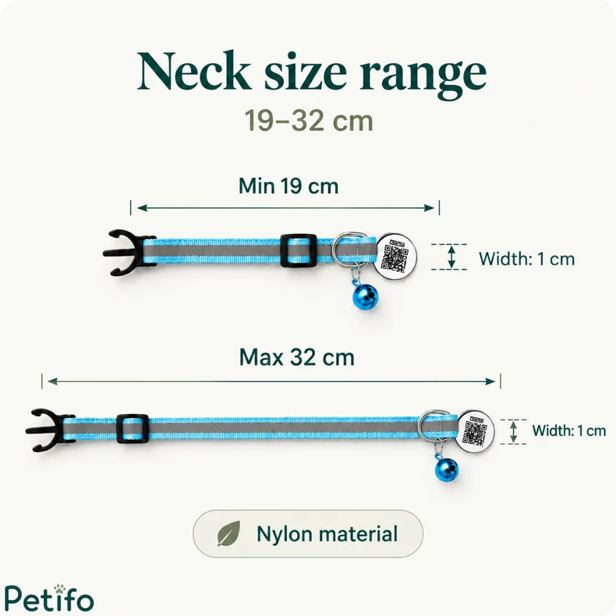 Infografik, der viser det justerbare nylonhalsmål fra 19 til 32 centimeter og 1 centimeter i bredde for kattehalsbåndet.
