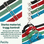 Close-up details of strong nylon material, adjustment buckles, and engraved nameplates for dog collars.