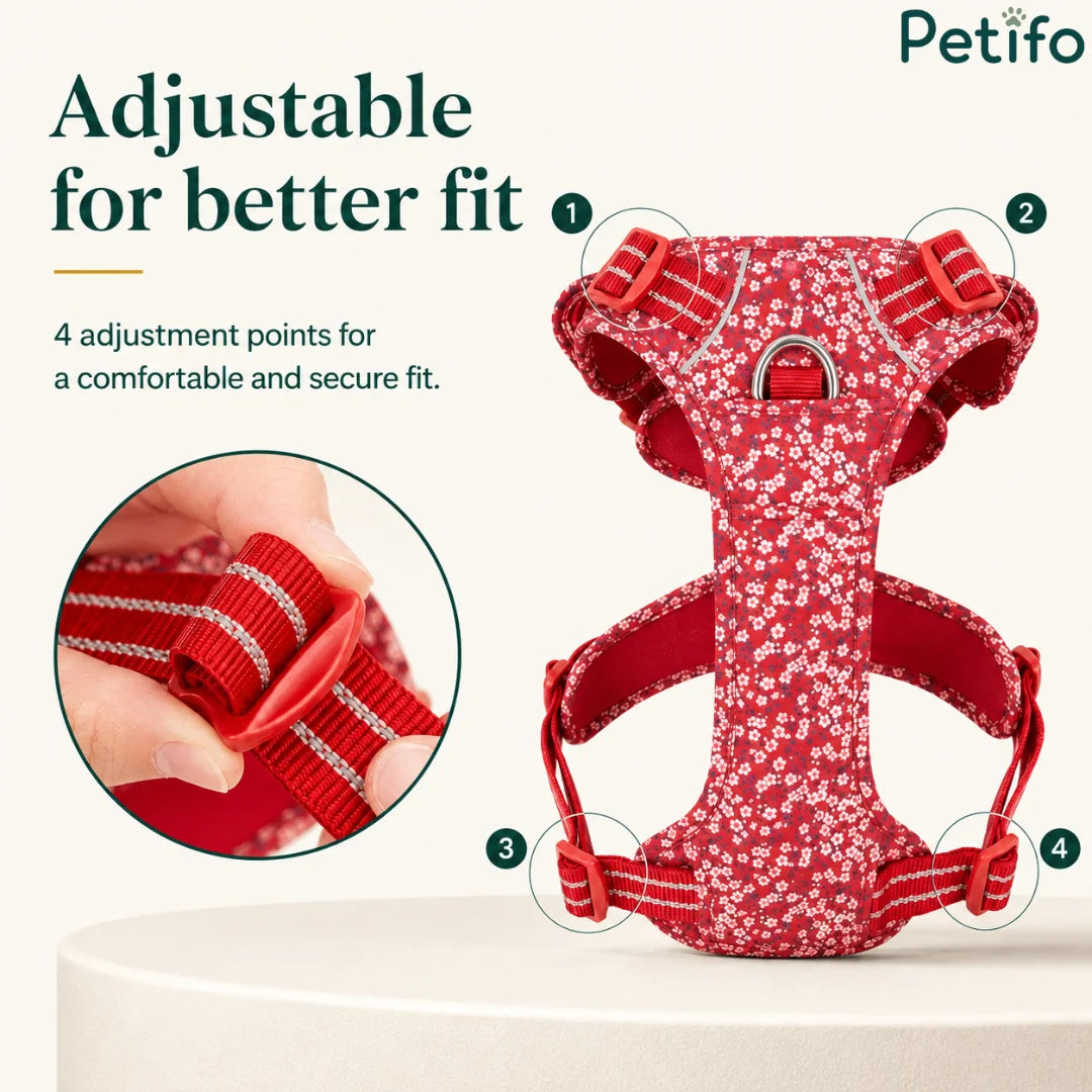 Detailed view highlighting the four adjustment points on a red floral dog harness for a customized and secure fit.