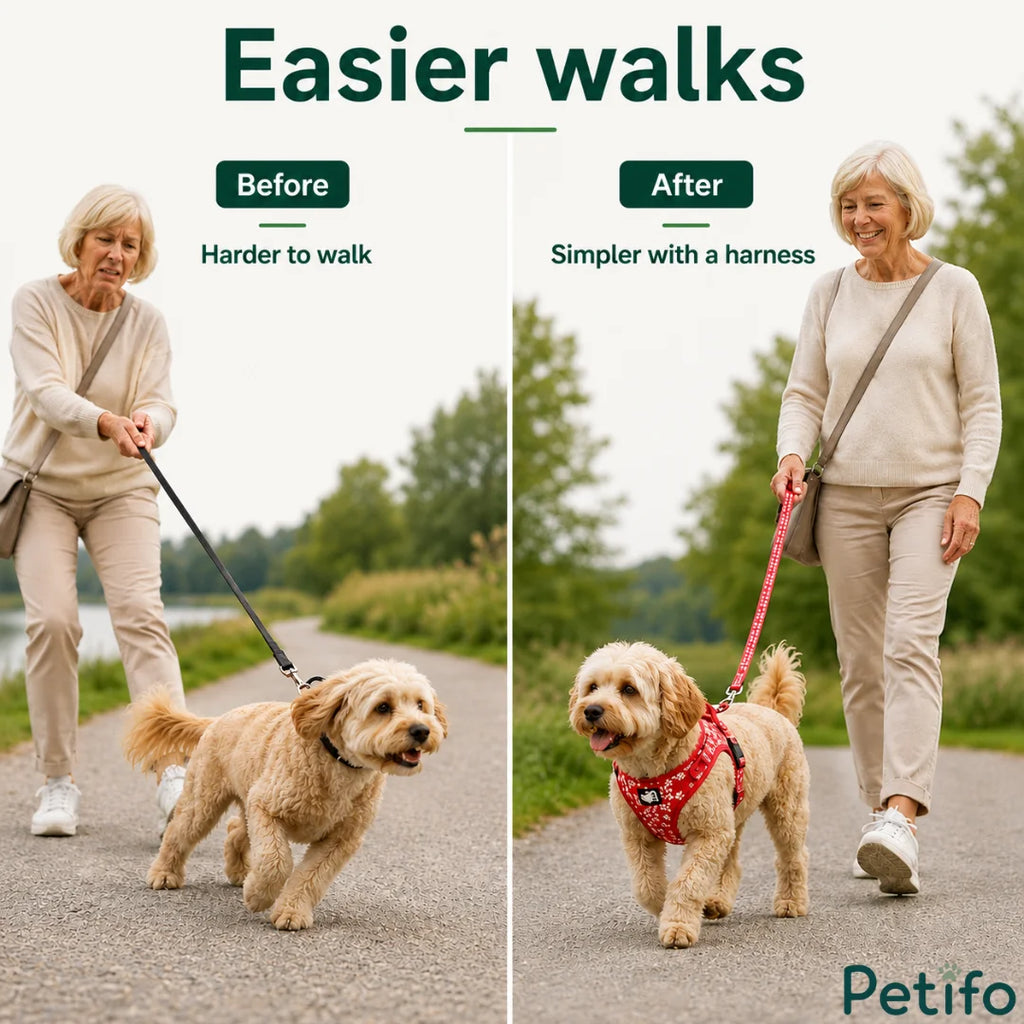 Before-and-after demonstration showing a dog pulling on a standard leash transformed into a calm, controlled walk using an anti-pull harness.